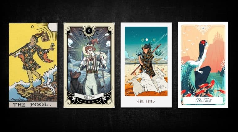 The Fool, as found in: Rider Waite, The Mystical Manga Tarot. White Numen: A Sacred Animal Tarot, Tarot of the Mythic and Divine