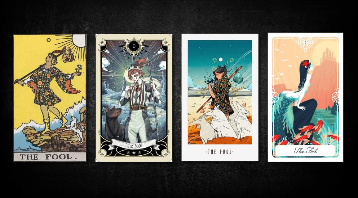 The Fool, as found in: Rider Waite, The Mystical Manga Tarot. White Numen: A Sacred Animal Tarot, Tarot of the Mythic and Divine