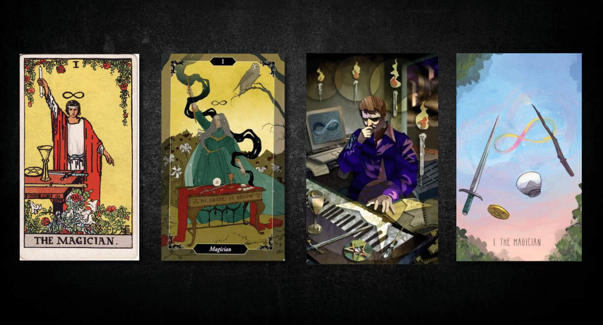 The Magician, as found in: Rider Waite, Dark Wood Tarot, The Urban Tarot, The Spacious Tarot