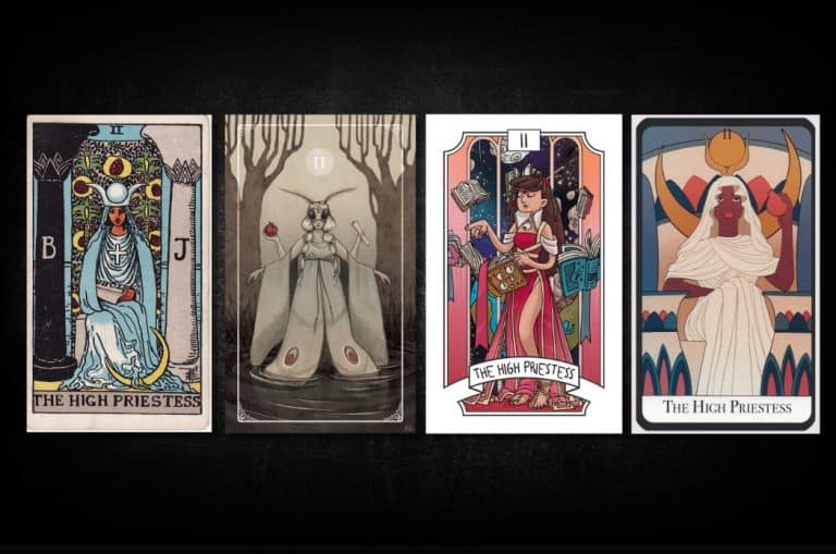 The High Priestess, as found in: Rider Waite, Ostara Tarot, Modern Witch Tarot, The Essential Tarot