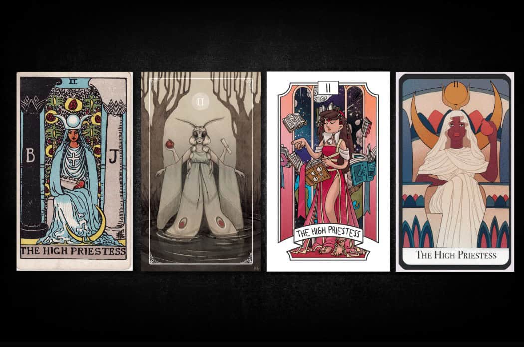 The High Priestess, as found in: Rider Waite, Ostara Tarot, Modern Witch Tarot, The Essential Tarot