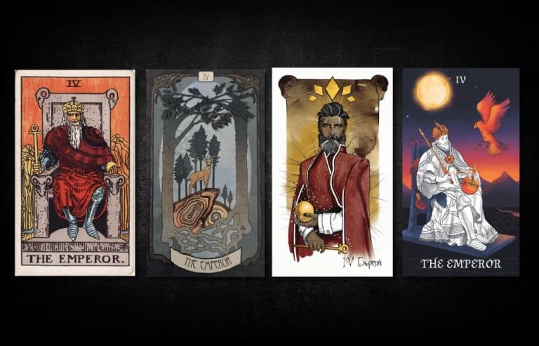 The Emperor, as found in: Rider Waite, Foragers Daughter Tarot, Unfolding Path Tarot, Violet Soul Tarot