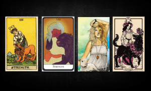 Strength, as found in: Rider Waite, The Essential Tarot, Lightseer Tarot, Fyodor Pavlov Tarot