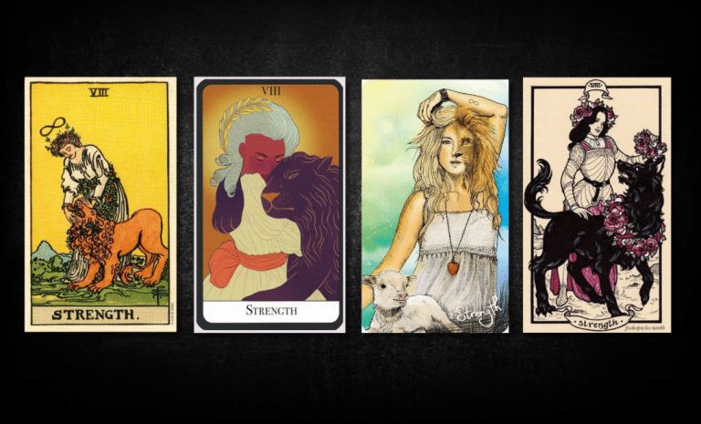 Strength, as found in: Rider Waite, The Essential Tarot, Lightseer Tarot, Fyodor Pavlov Tarot