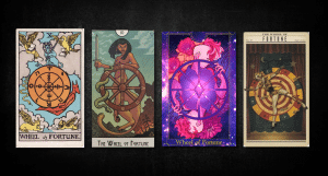 Wheel of Fortune, as found in: Rider Waite, This Might Hurt Tarot, Fudou Tarot, Madam Medusa Tarot