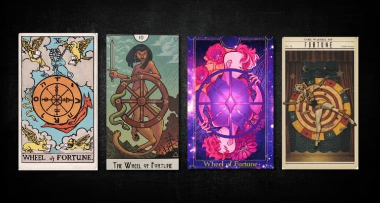 Wheel of Fortune, as found in: Rider Waite, This Might Hurt Tarot, Fudou Tarot, Madam Medusa Tarot