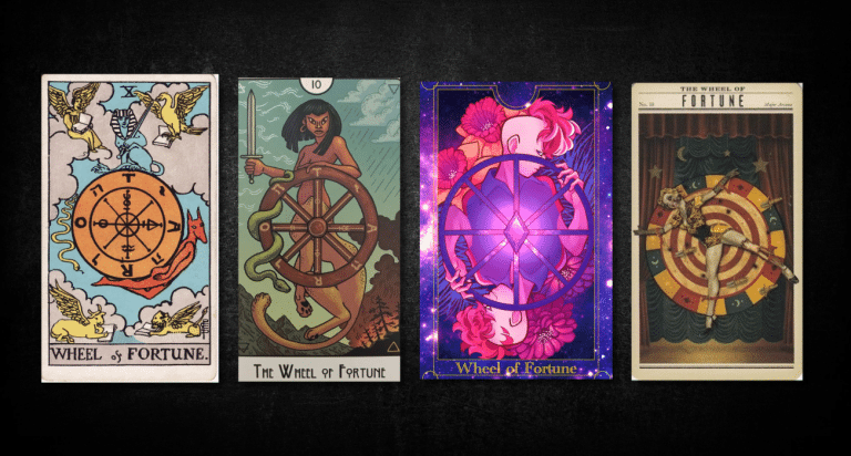Wheel of Fortune, as found in: Rider Waite, This Might Hurt Tarot, Fudou Tarot, Madam Medusa Tarot