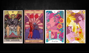 The Lovers, as found in: Rider Waite, Stephen Universe Tarot, Fat Folks Tarot, Starspinner Tarot