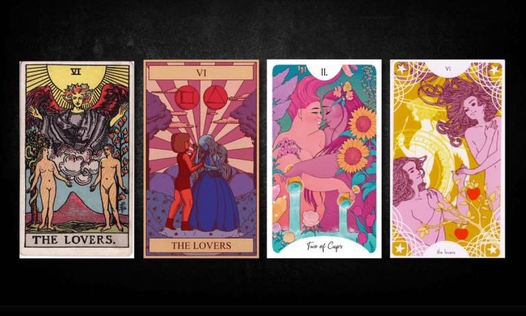 The Lovers, as found in: Rider Waite, Stephen Universe Tarot, Fat Folks Tarot, Starspinner Tarot