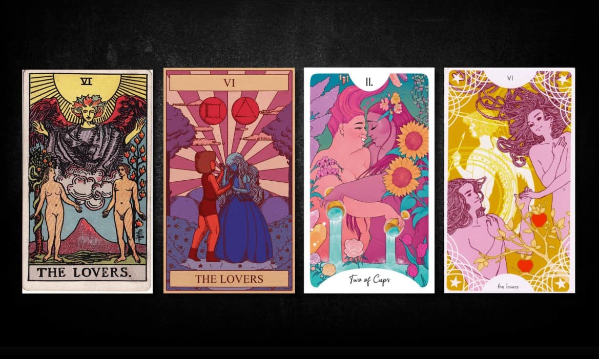 The Lovers, as found in: Rider Waite, Stephen Universe Tarot, Fat Folks Tarot, Starspinner Tarot