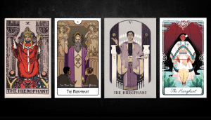 The Hierophant, as found in: Rider Waite, This Might Hurt Tarot, Sephirot Tarot, Fariytale Tarot