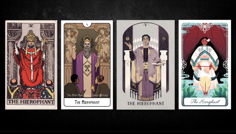 The Hierophant, as found in: Rider Waite, This Might Hurt Tarot, Sephirot Tarot, Fariytale Tarot