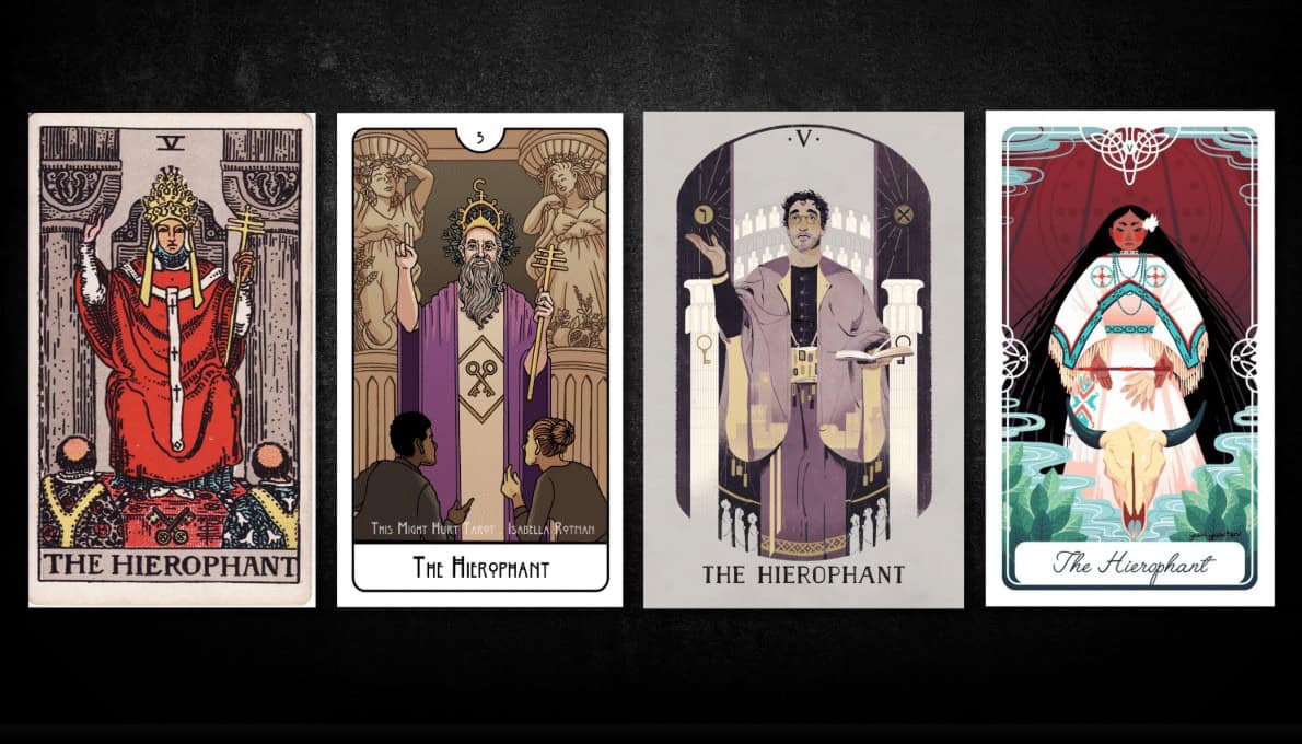 The Hierophant, as found in: Rider Waite, This Might Hurt Tarot, Sephirot Tarot, Fariytale Tarot