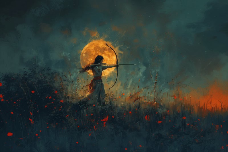 Sagittarius, full moon, bow and arrow, archer, woman