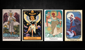 Temperance, as found in: Rider Waite, Angel Come Home Tarot, Essential Tarot, Alexandria Huntington Tarot