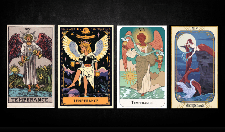 Temperance, as found in: Rider Waite, Angel Come Home Tarot, Essential Tarot, Alexandria Huntington Tarot