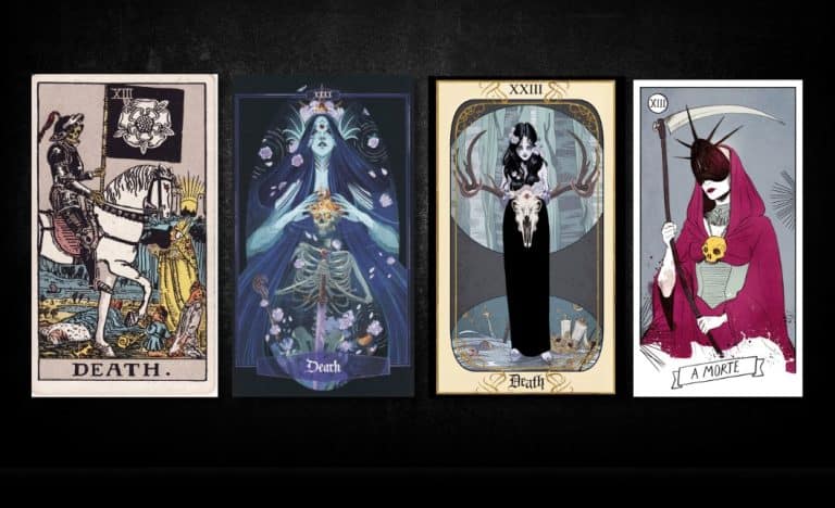 Death, as found in: Rider Waite, Children of Litha Tarot, Alexandria Huntington Tarot, Mariana Cagnin Tarot