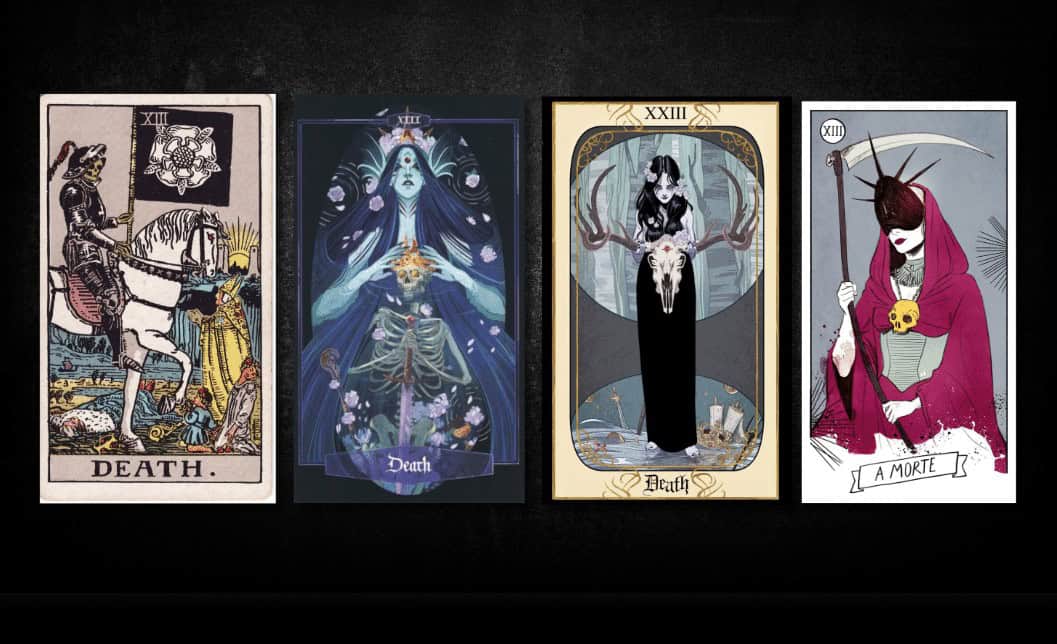 Death, as found in: Rider Waite, Children of Litha Tarot, Alexandria Huntington Tarot, Mariana Cagnin Tarot