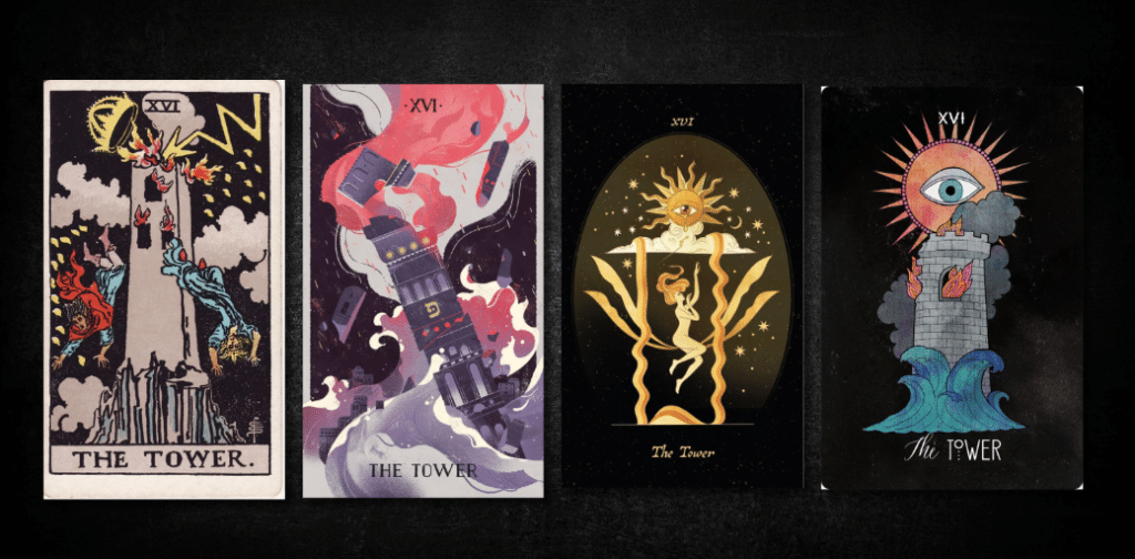 Tower, as found in: Rider Waite, Comparative Tarot, Cocorrina Tarot, Inspirational Tarot