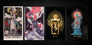 Tower, as found in: Rider Waite, Comparative Tarot, Cocorrina Tarot, Inspirational Tarot