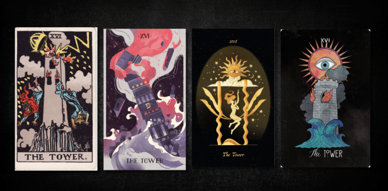 Tower, as found in: Rider Waite, Comparative Tarot, Cocorrina Tarot, Inspirational Tarot