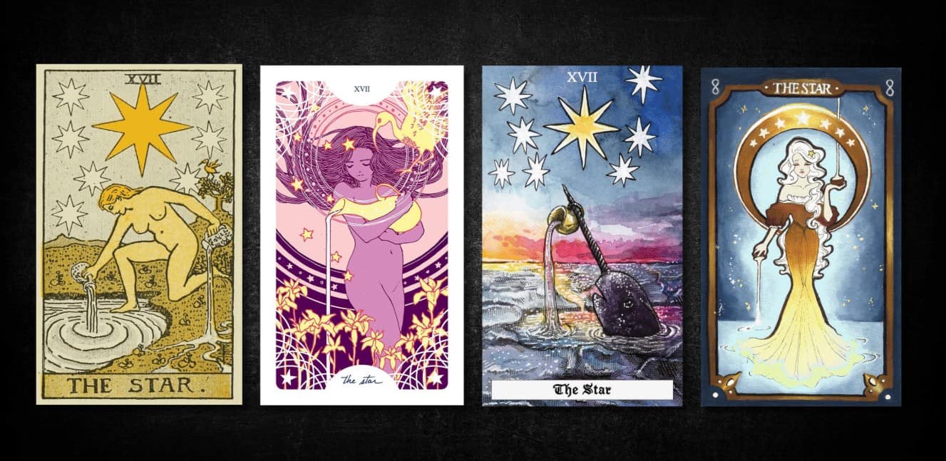 The Star, as found in: Rider Waite, Starspinner Tarot, Comparative Tarot, Echo Koral