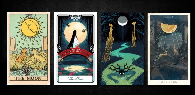 The Moon, as found in: Rider Waite, Fairytale Tarot, Emily Lubanko, Terra Volatile Tarot