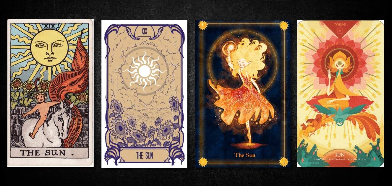 The Sun, as found in: Rider Waite, Arnesson Art / Thomas Hugo, Pauline Brennen, Cosmos Oracle