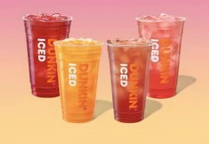 Four colorful Dunkin' iced refreshers