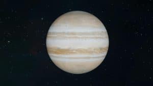 Detailed view of Jupiter amid stars, showcasing its iconic bands and vastness.
