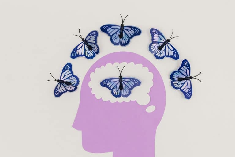 Creative illustration of butterflies symbolizing thoughts and transformation, fluttering over a brain silhouette—reflecting the journey of inner child healing and mental wellness.