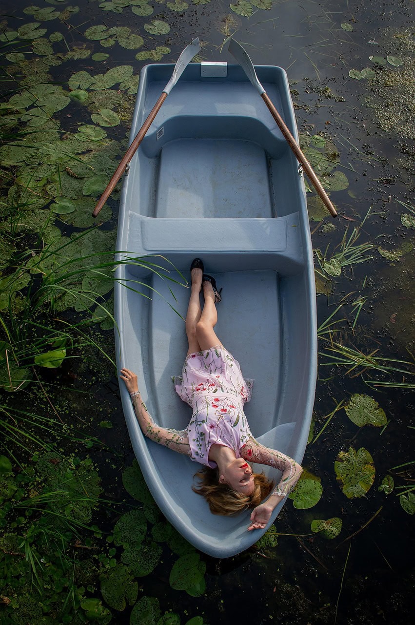 avoid jet lag, boat, river, woman, young, lake, water lilies, water, harmony, nature, young woman, summer, lie, paddles, the girl in the boat, girl in a boat on the lake, photo session in a boat, twilight, the girl lies in the boat, beautiful, figure, pretty girls, legs, dress, feminine