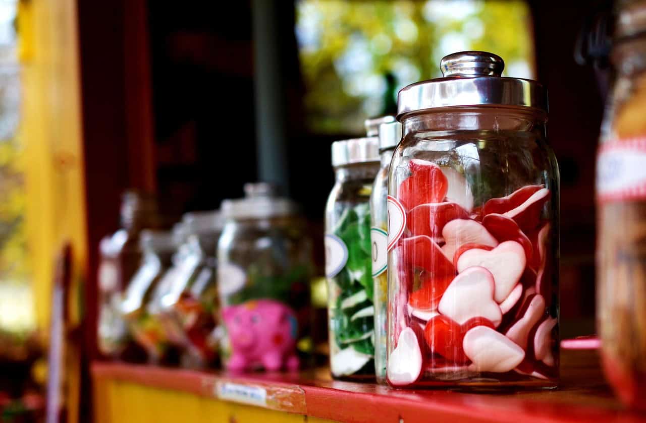 nostalgic treats, candies, jars, candy jars, assorted candies, glass jars, sweets, heart shaped candies, heart candies, fruit jelly, sugar, calories, candies, candies, candies, jars, sweets, sweets, sweets, sweets, sweets, sugar, sugar, sugar, sugar, calories, calories