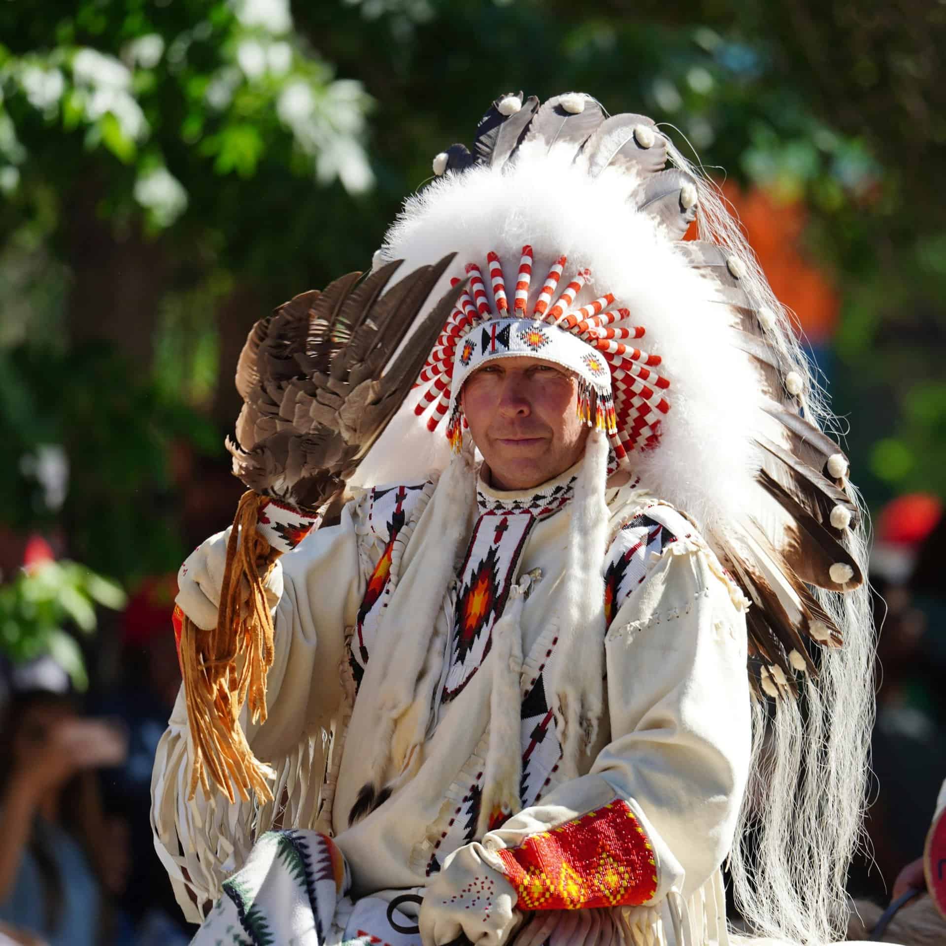 A Native American man in traditional clothing and feathered headdress during a cultural ceremony. Learn the history of North America at Native American Museums.
